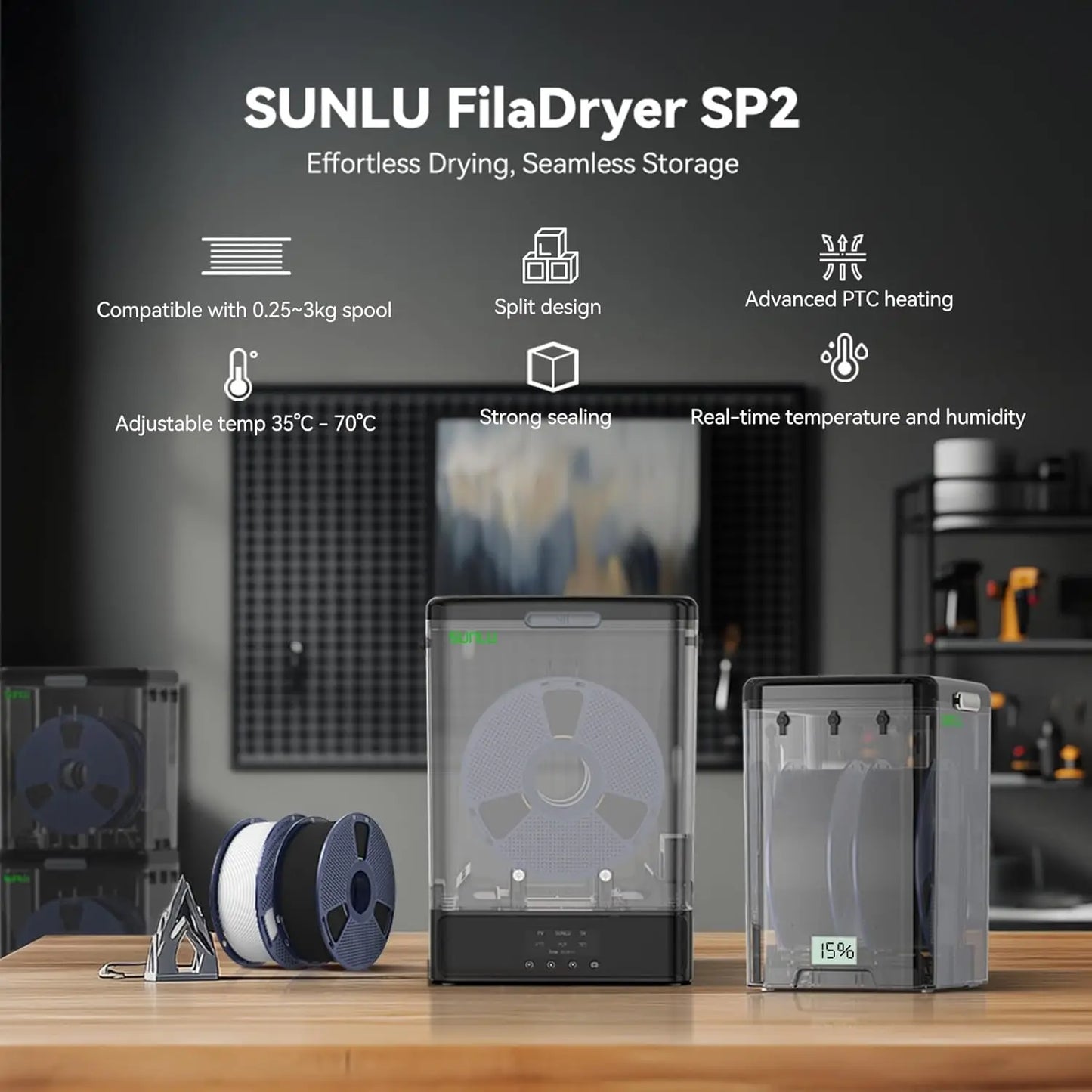 SUNLU SP2 Filament Dry Box,Dry Box, 3D printing Fits 2x1kg/1x3kg spools,1.75-2.85mm. Smart temp control,Fast Shipping