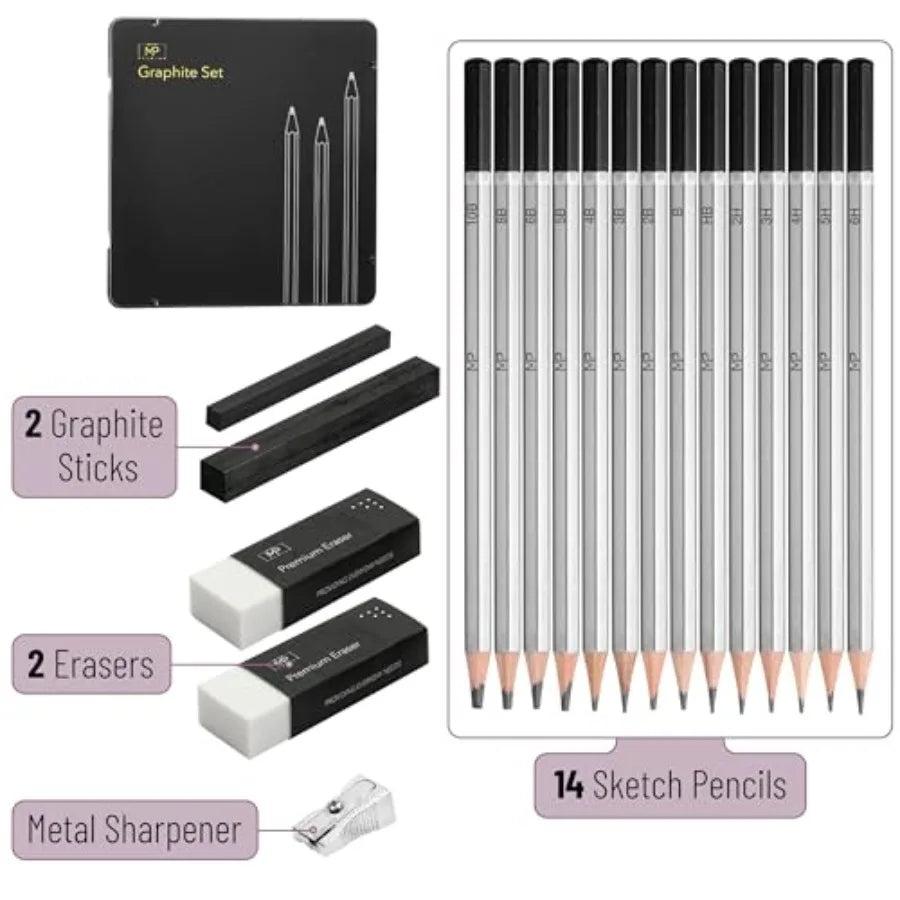 - Drawing Sketching Pencil Set, 19 pcs, Graphite Pencils 10B-6H Graphite Sticks, Erasers, Metal Sharpener, for Drawing, Sketchi