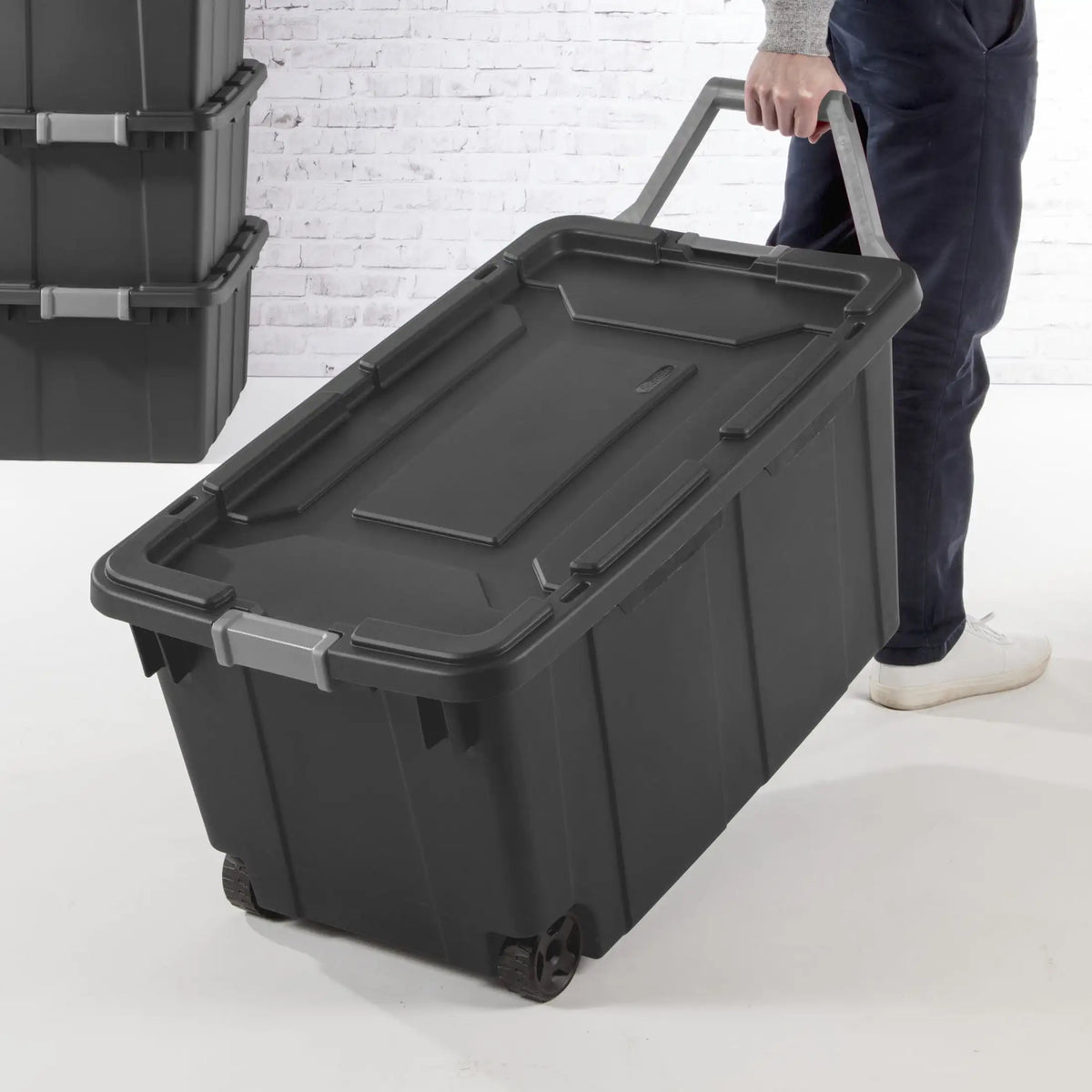 Sterilite Extra Large Storage Bin, 40 Gallon Wheeled Plastic Storage Container with Handle, Black, Pack of 2, Industrial