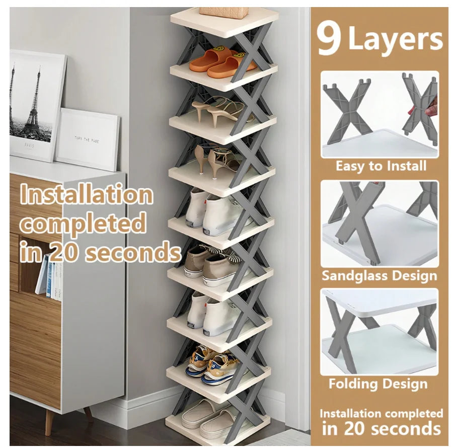 Multi-tier Vertical Shoes Storage Rack 6-9 Layers X-shaped Detachable Plastic Shoe Organizer Lightweight Easy Disassembly Household Space Saving Shoe Shelf Stackable Design Footwear Storage Holder For Indoor Home Bedroom Entr