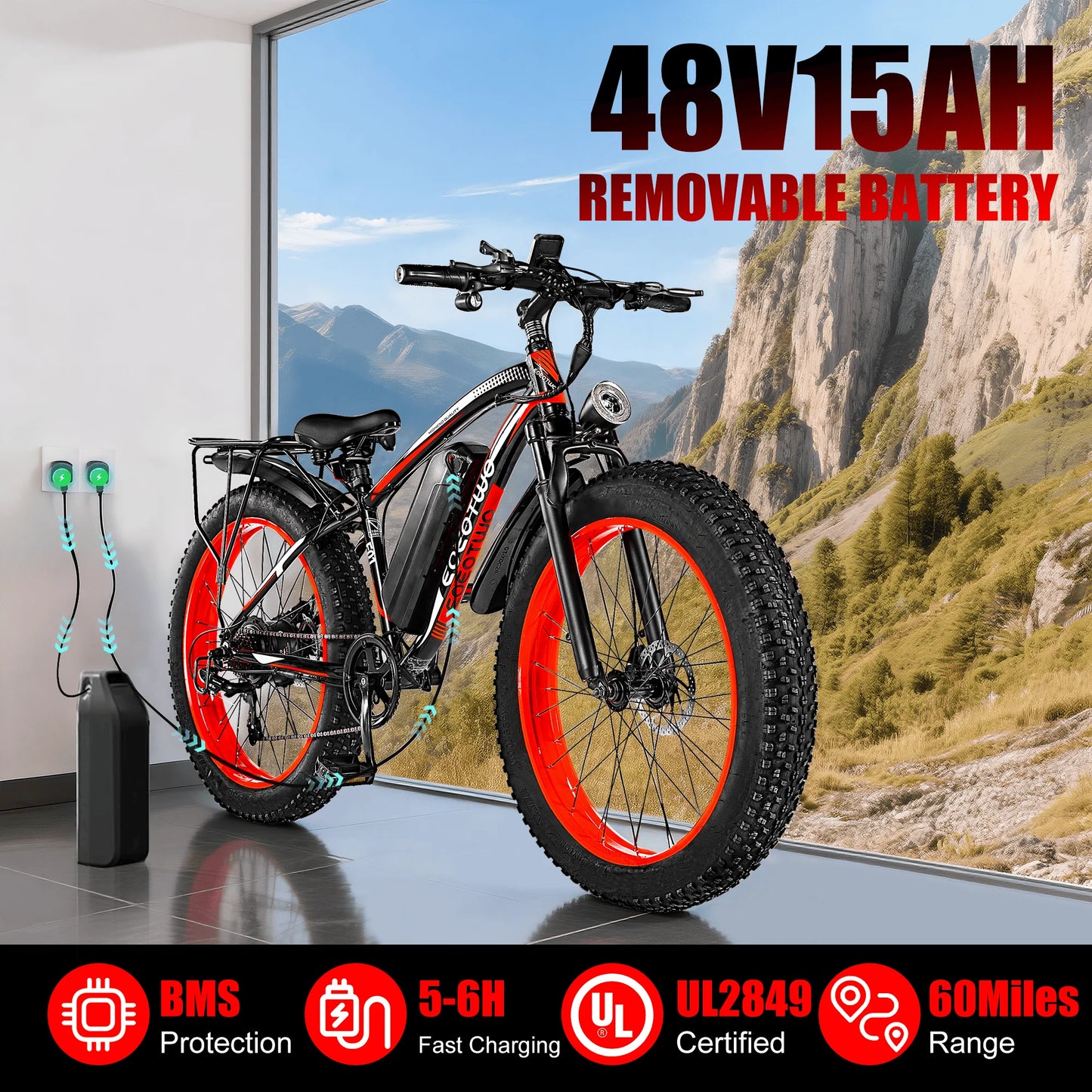 EOEOTWO 26" Fat Tire Electric Bike for Adults, 1000W Motor 1500W Peak, 48V 15Ah Battery, 34 MPH Max Speed, Up to 60 Miles Long Range