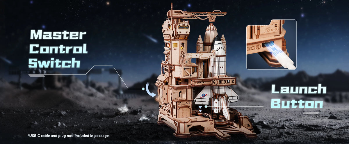 Robotime Space Shuttle 3D Wooden Puzzle Moving Rocket Launch Tower with Lights Mechanical Building STEM Project for Adult Teen