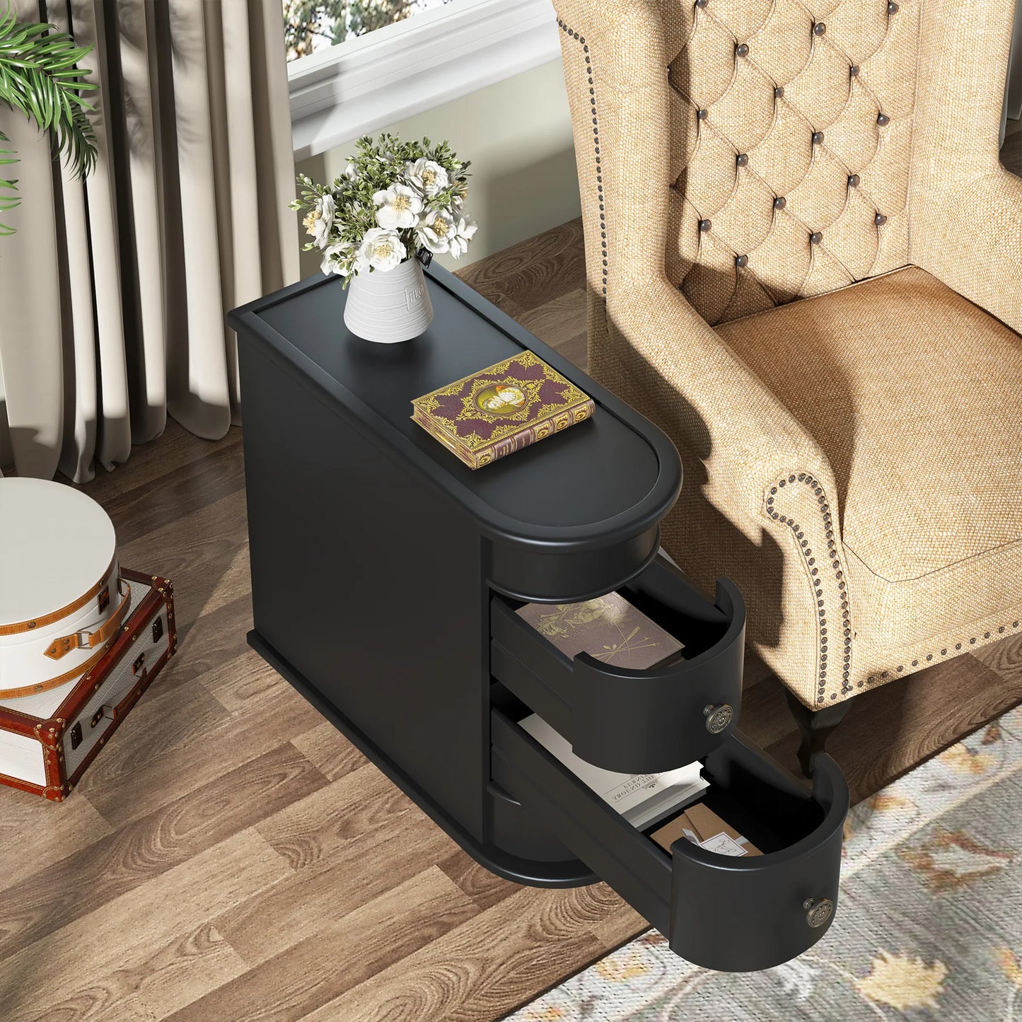 Tribesigns End Table Round Solid Wood Sofa Bedside Narrow Bedroom Side Table Nightstand with Drawer
