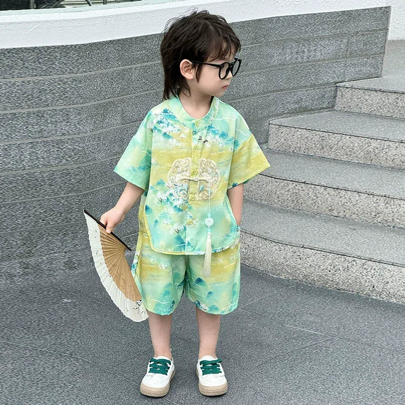 Fashion Baby Tang Costume Tops Pants Two-piece Set Boy Outfit Casual Children's Sets Summer Tweens Boys Hanfu Suit Kids Clothing