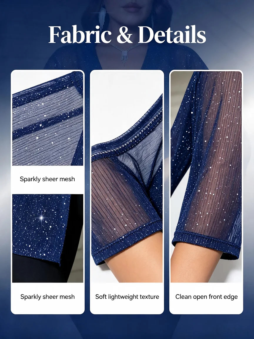 Plus Size Glitter Mesh Kimono Cardigan Women 3/4 Sleeve Open Front Shimmer Sheer Cover‑Up For Evening Party Club Occasion