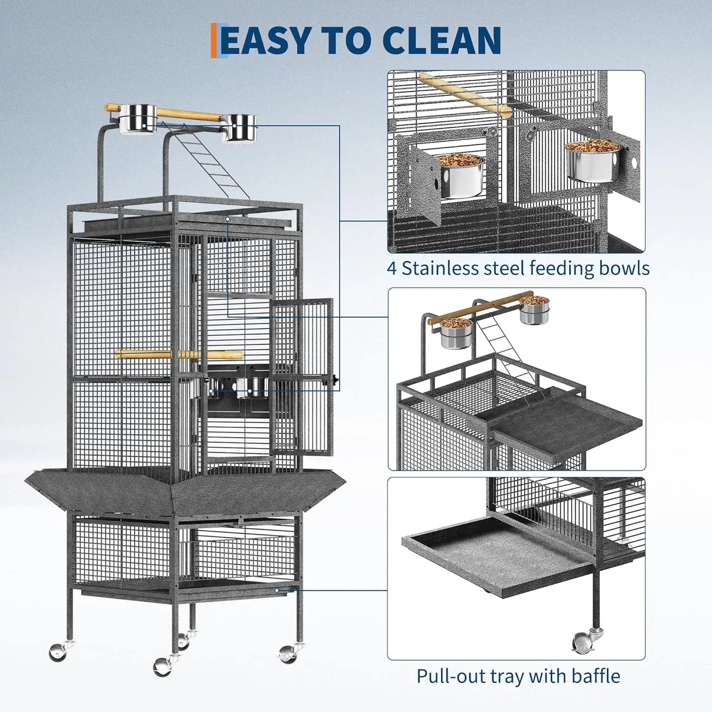 Large Bird Cage, Metal Parakeet Cage with Play Top, Wood Perches & Feeder, Spacious Rolling Flight Cage for Parrots, Cockatiels