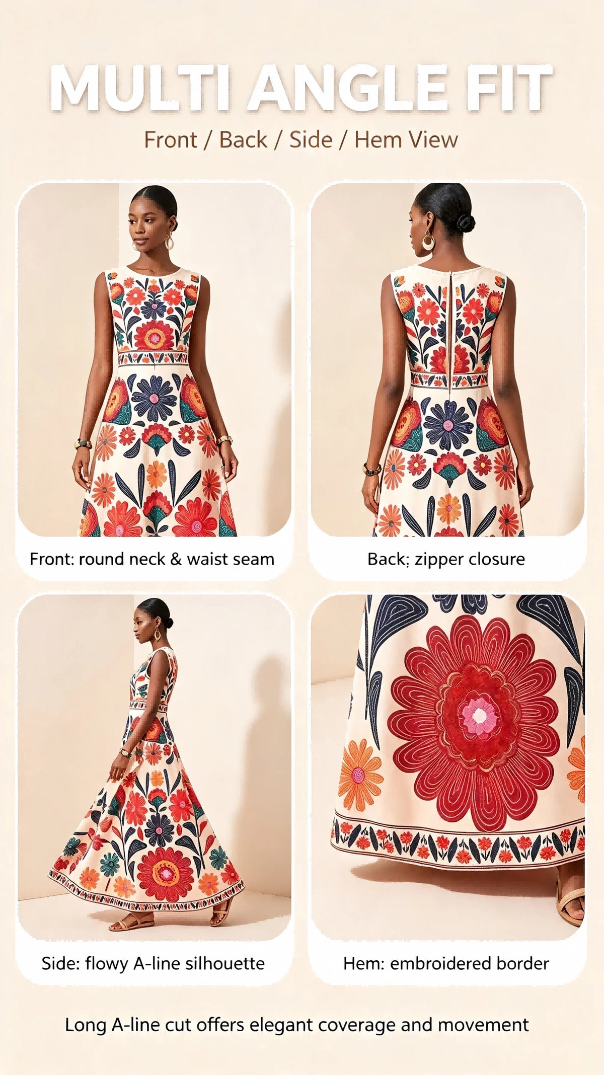 Women Floral Embroidery Maxi Dress Sleeveless Round Neck A-Line Long Dress Summer Beach Wedding Guest Holiday Party Dresses