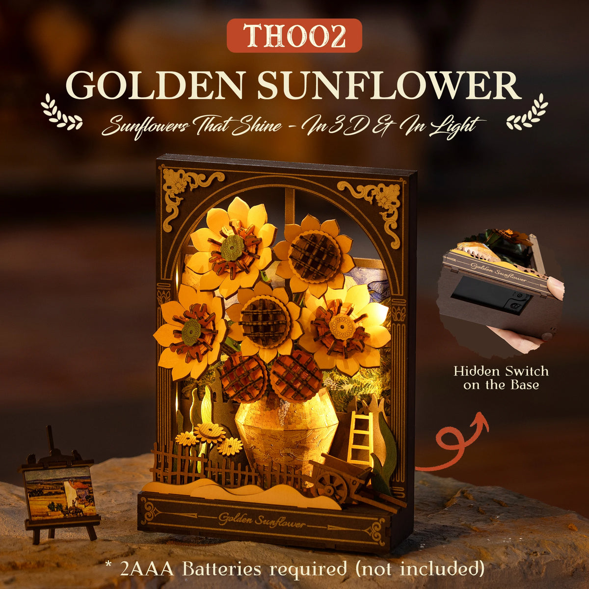ROKR Wooden Flower Golden Sunflower Building Sets for Adult with Lights TH002, Van Gogh Wall Art Crafts, Painting Frame Room Decor, Valentine's Day/Anniversary/Birthday Gifts for Women, 266PCS