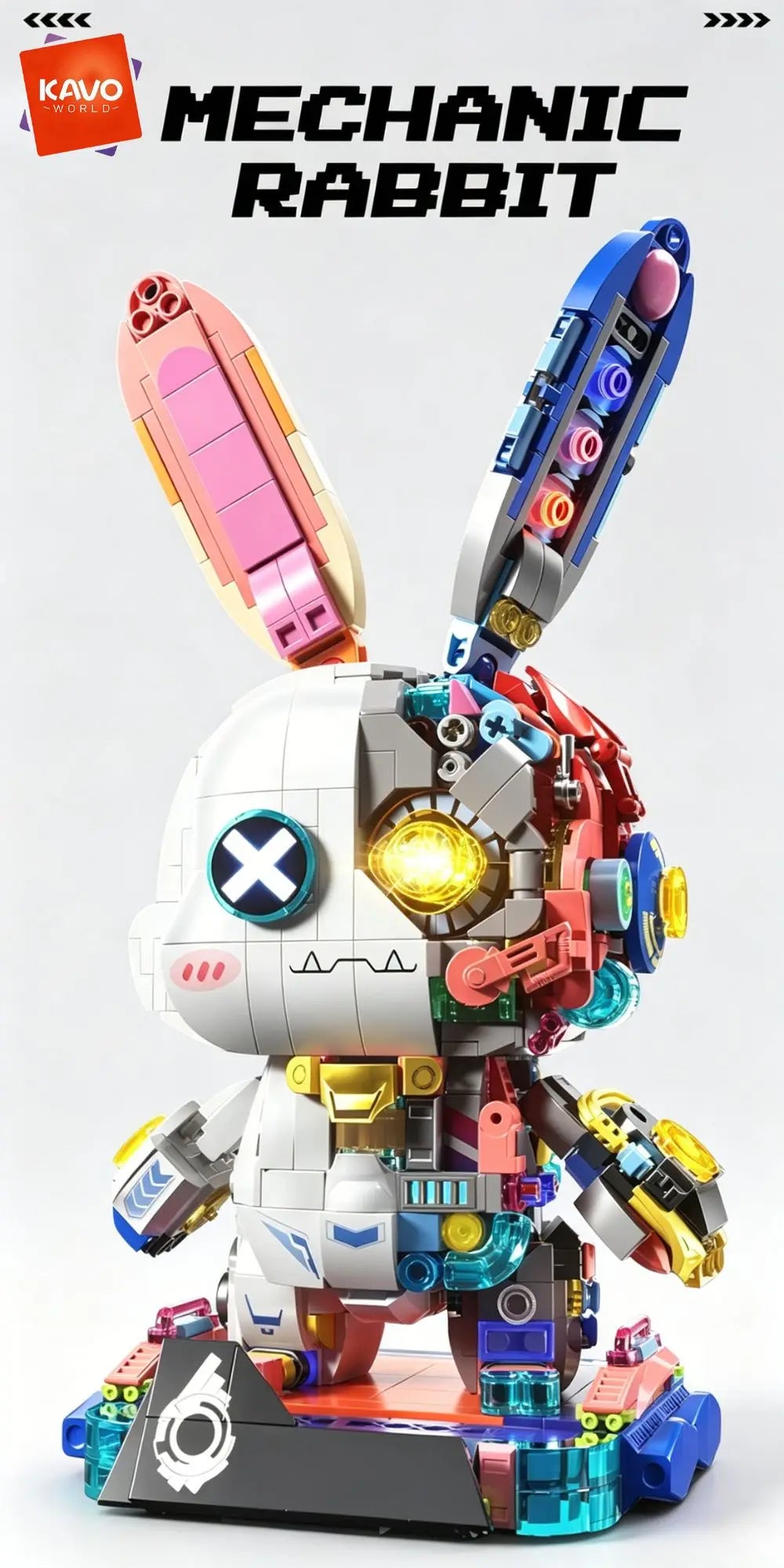 KAVOWORLD 1377pcs Mecha Technical Rabbit Building Blocks Set Cyber Bunny Model Kit Mechanical Animal Building Bricks Robot Bunny Figure Cyborg Toy Tech Bunny LED Light Up Glow in Dark Collectible Display Posable Joints DIY As