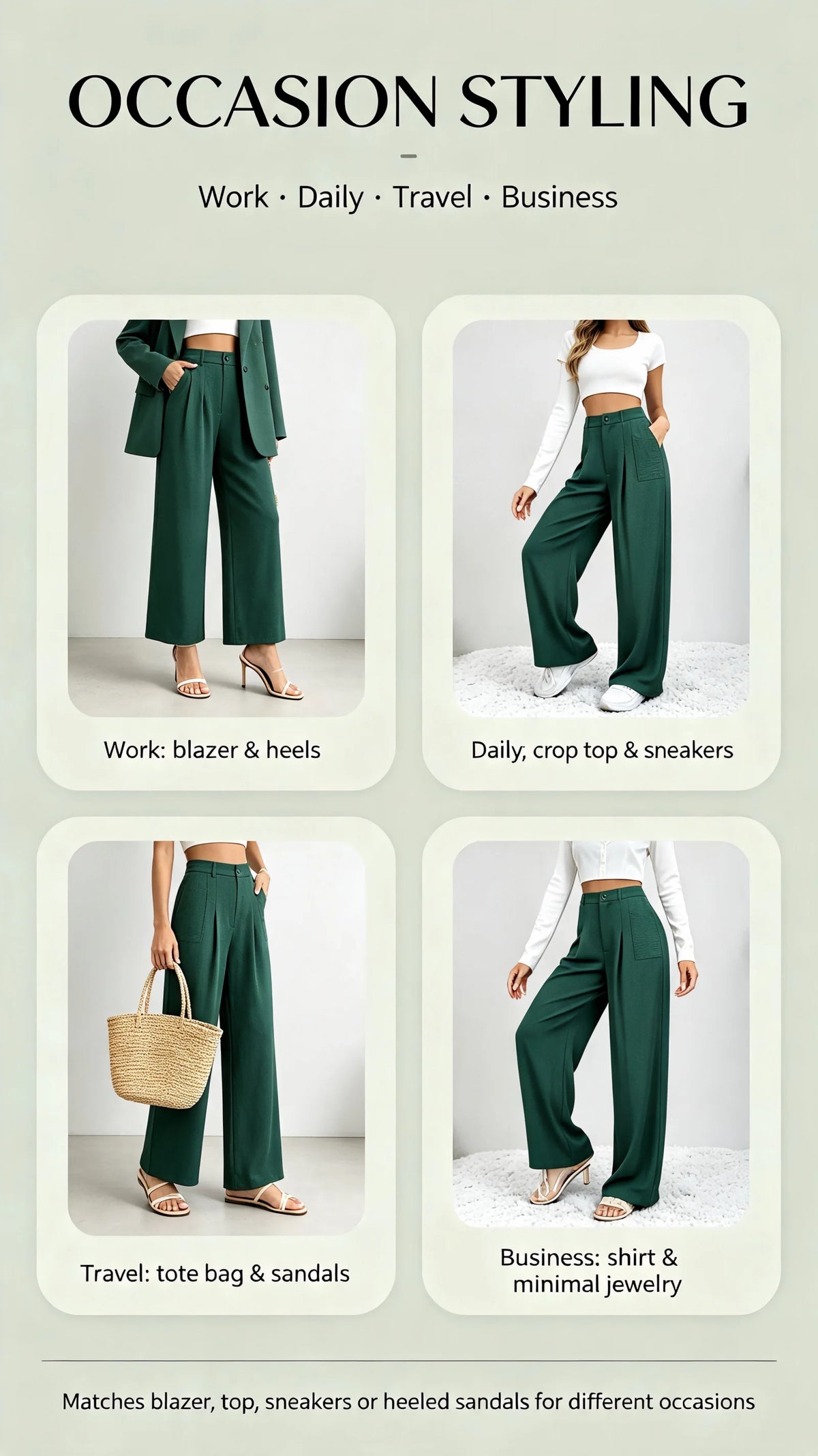 Women Green Textured Wide Leg Pants High Waist Button Front Pleated Trousers With Pockets Casual Office Business Straight Long Palazzo Pants