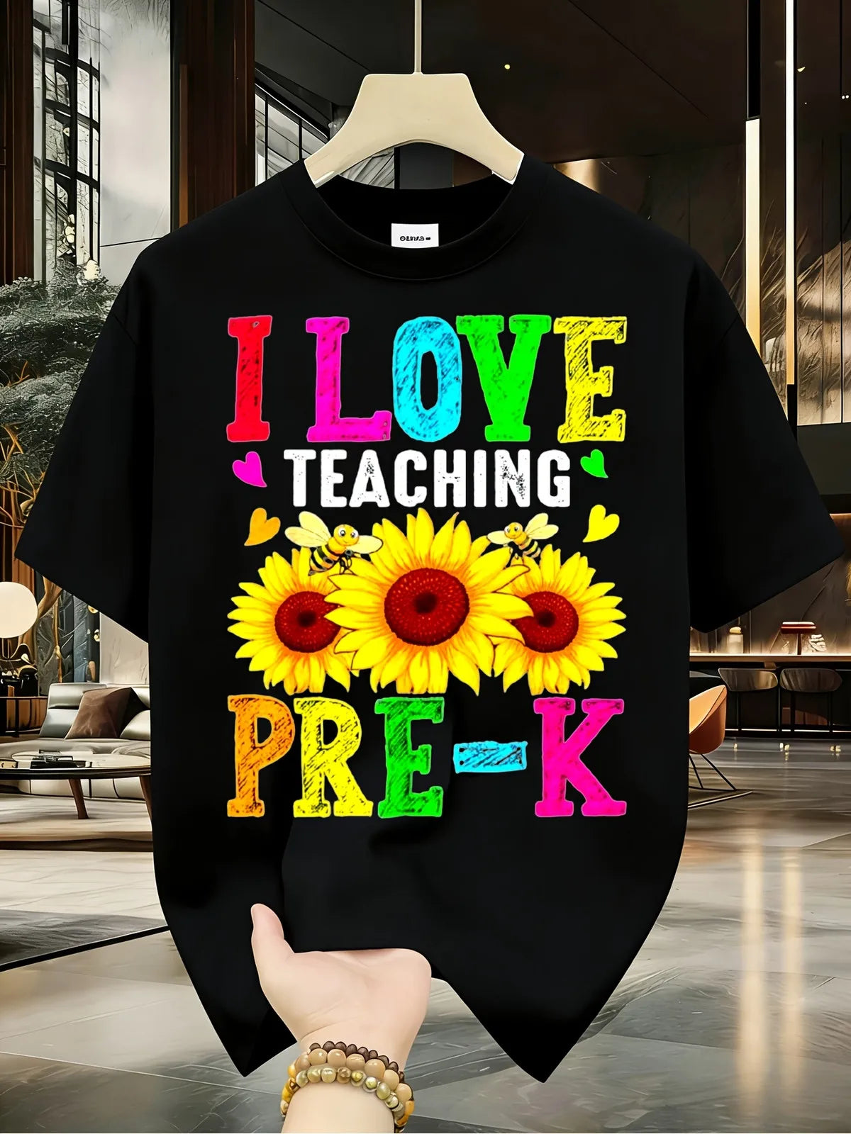 I Love Teaching Pre-K Funny Teacher T-Shirt Black Casual Round Neck with Vibrant Sunflower And Heart Design, High-Elasticity, Ma