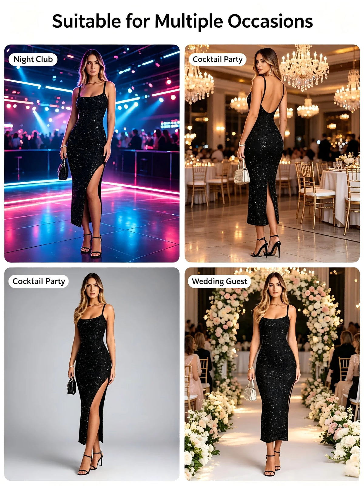 Women Black Sequin Spaghetti Strap Midi Dress Backless High Split Bodycon Evening Party Cocktail Dresses