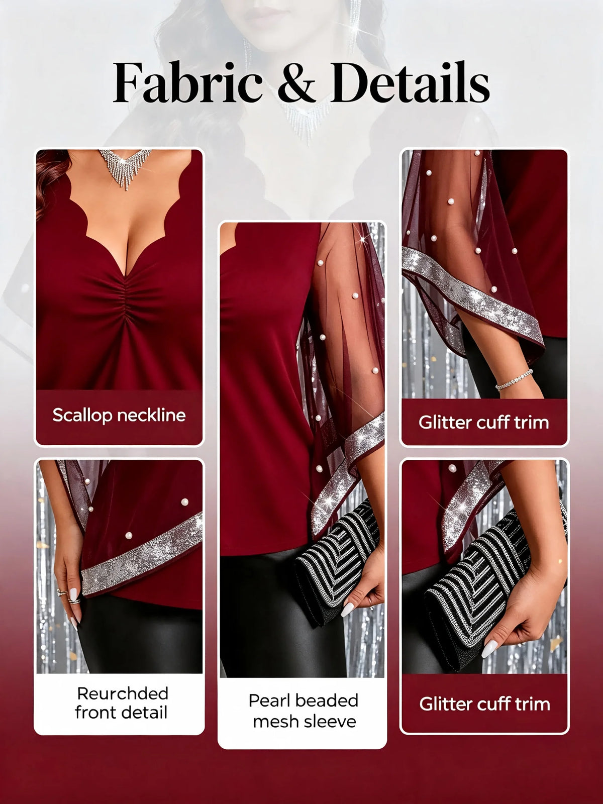Plus Size Women Party Blouse Scallop V‑Neck Mesh Bell Sleeve Pearl Beaded Glitter Trim Burgundy Evening Clubwear Top