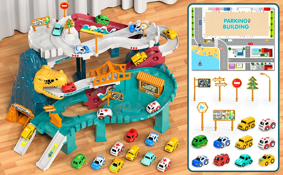 Boys Dinosaur Race Track Playset - Dinosaur Rolling Hill Car Track Cars Ramp Track Toys Toys Mountain Track, Mini Cars For Kids