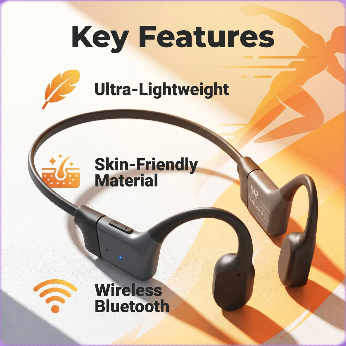 Open-Ear Bone Conduction Bluetooth Earphones Wireless Sports Headset, 20H Long Battery Noise Cancelling Mic, Lightweight Comfort Fit for Running Cycling Gym