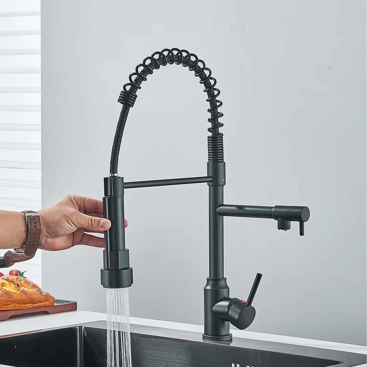 Black Spring Pull Down Stainless Steel Kitchen Sink Faucet Hot Cold Water Mixer Crane Tap with Dual Spout 360° Rotation Faucet