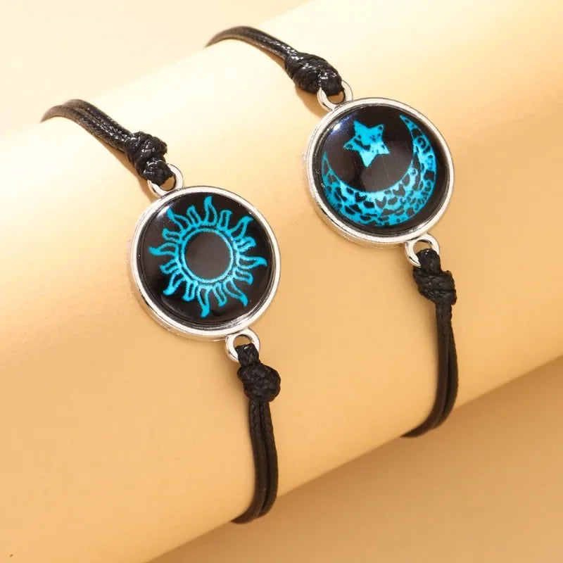 New Moon and Sun Love Time Gem Glow Couple Bracelet - Hand-woven Rope for Couples