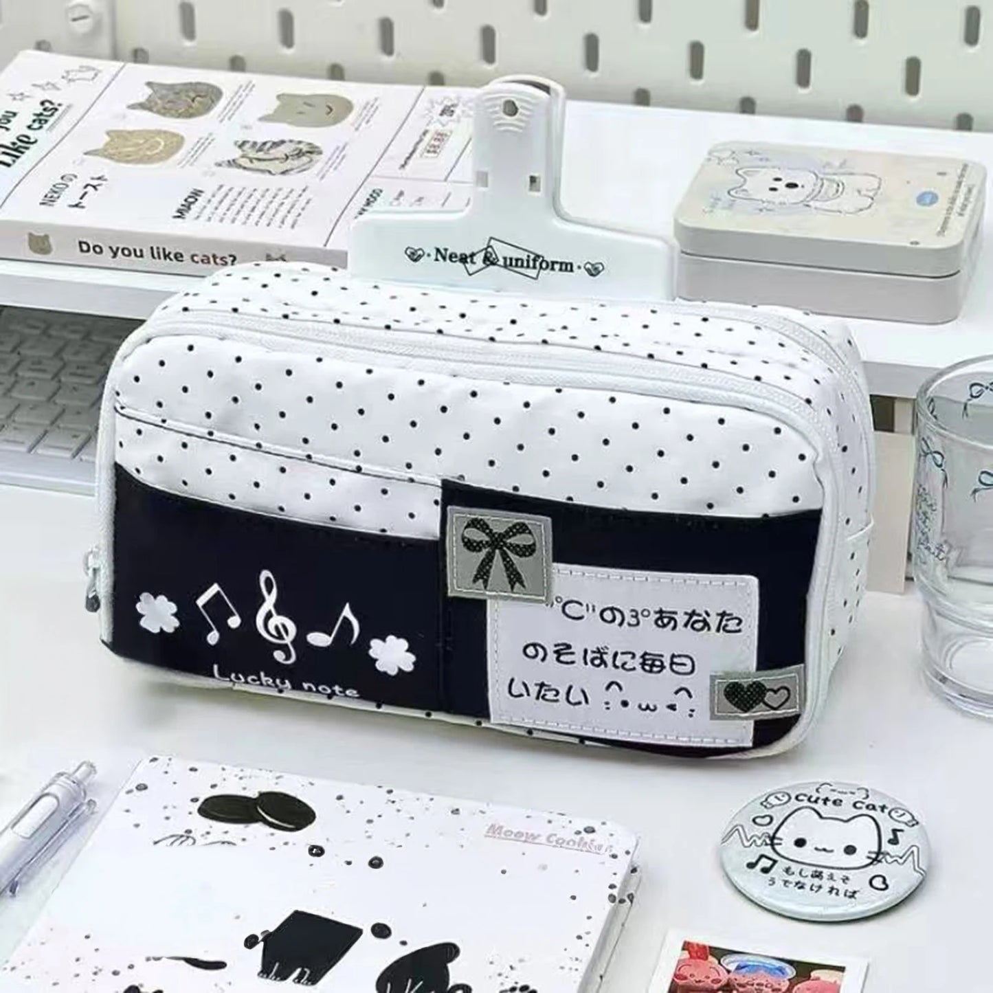 Cute Cat Polka Dot Pencil Case Blue Multi-Layer Large Capacity Pen Bag Portable Student School Stationery Storage Pouch