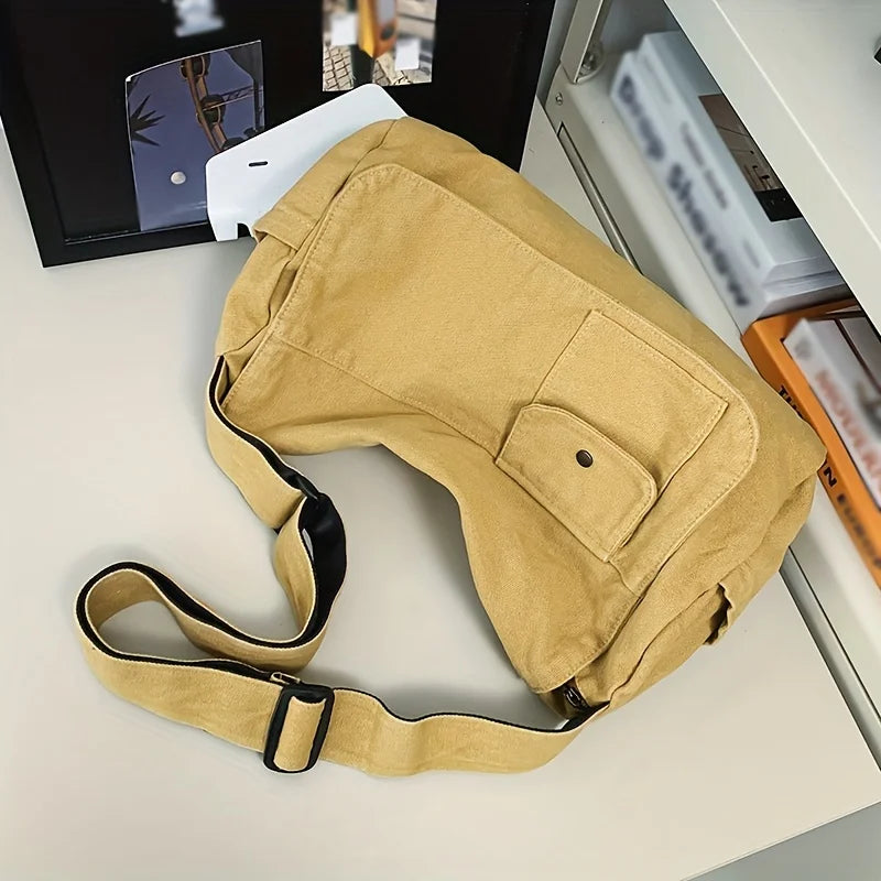 Casual Canvas Messenger Bag Versatile Flip Large Capacity Shoulder Book Bag For Student Adjustable Crossbody Bag For Men Women