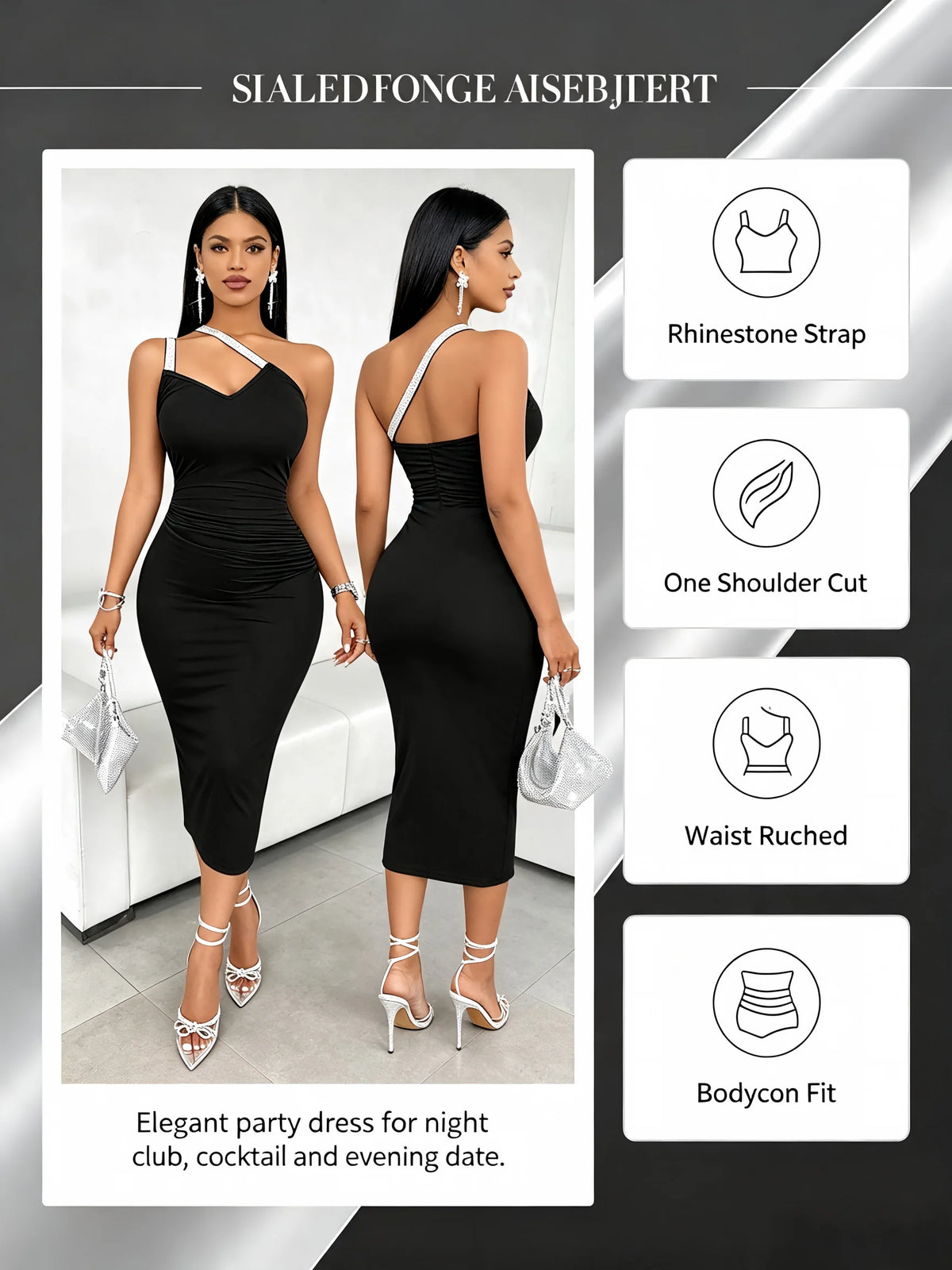 Women Sparkly Strap One Shoulder Midi Bodycon Dress Sleeveless Ruched Evening Party Dress Black Club Night Out Dresses