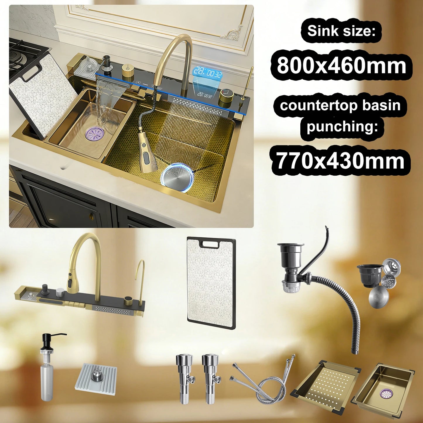 Stainless Steel Kitchen Sink Multifunctional Digital Display Waterfall Large Single Slot Ships from the U.S.