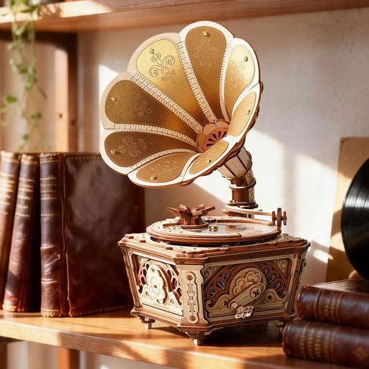 ROKR Diva Gramophone 3D Wooden Puzzle – Mechanical Music Box with Vintage Gramophone Design, Decorative Display Gift for Adults