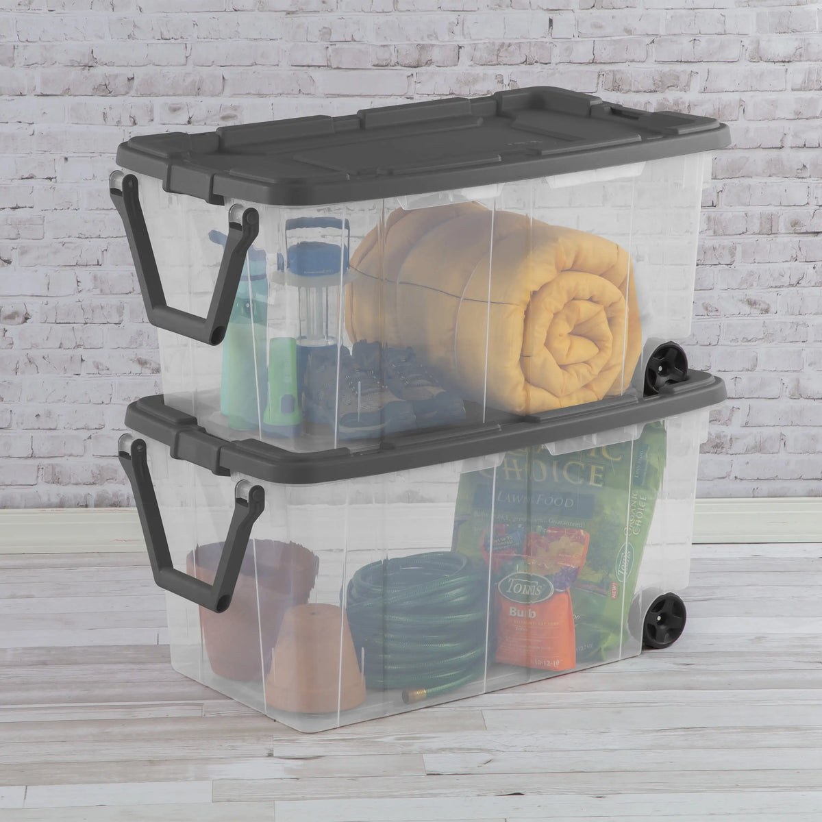 Sterilite Extra Large Storage Bin, 40 Gallon Wheeled Plastic Storage Container with Handle, Black, Pack of 2, Industrial