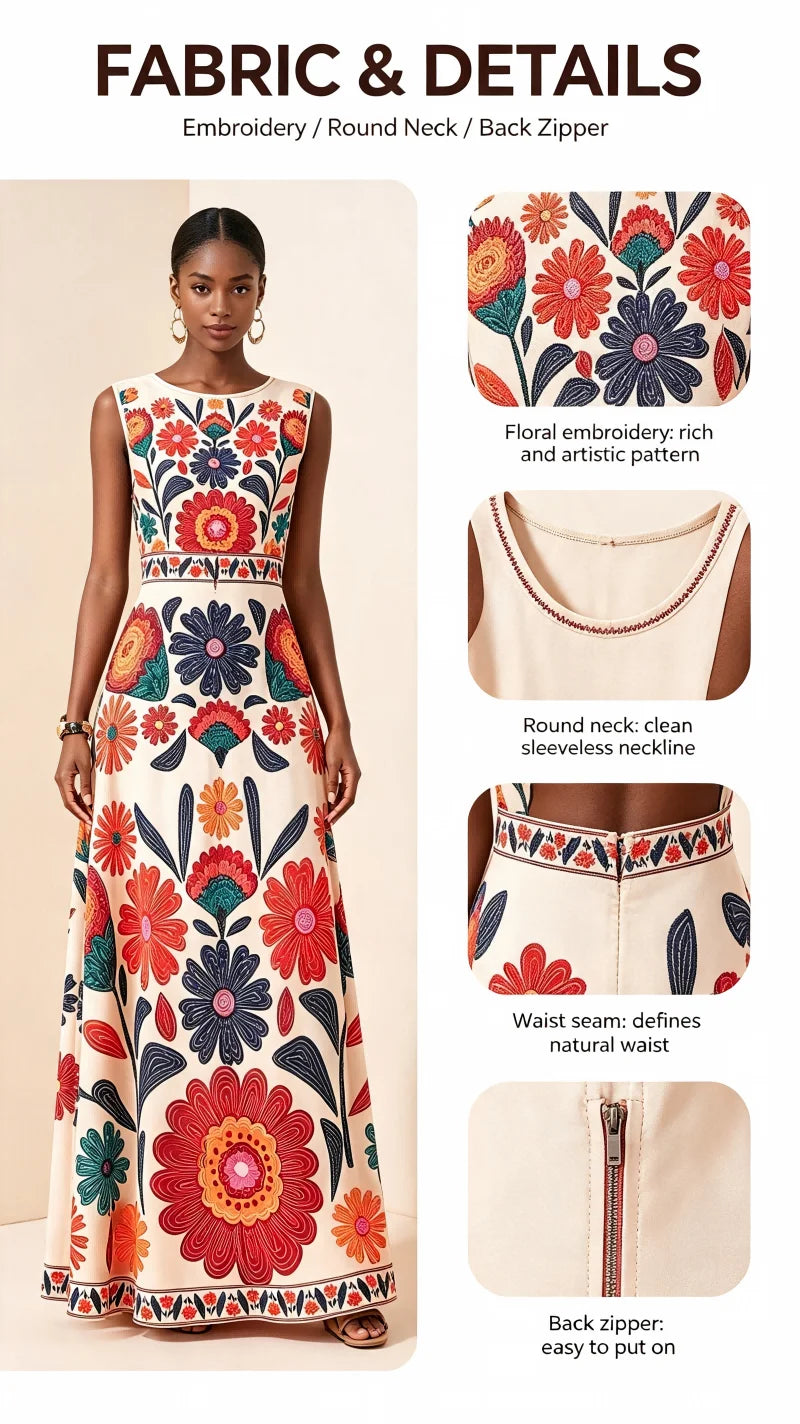 Women Floral Embroidery Maxi Dress Sleeveless Round Neck A-Line Long Dress Summer Beach Wedding Guest Holiday Party Dresses