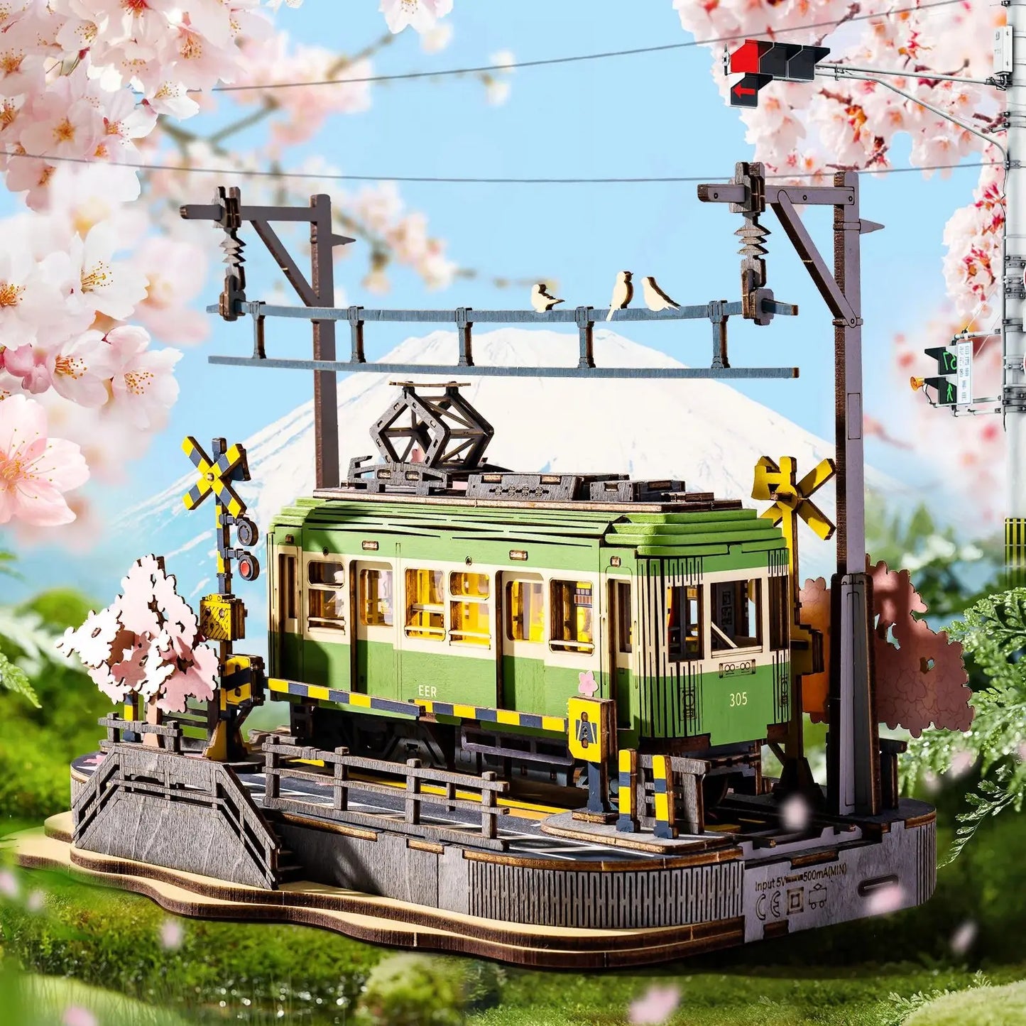 Rolife Wooden 3D Puzzle Sakura Journey Tram DIY Model Building Toy with LED for Bookshelf Home Decor Gifts for Adults Family