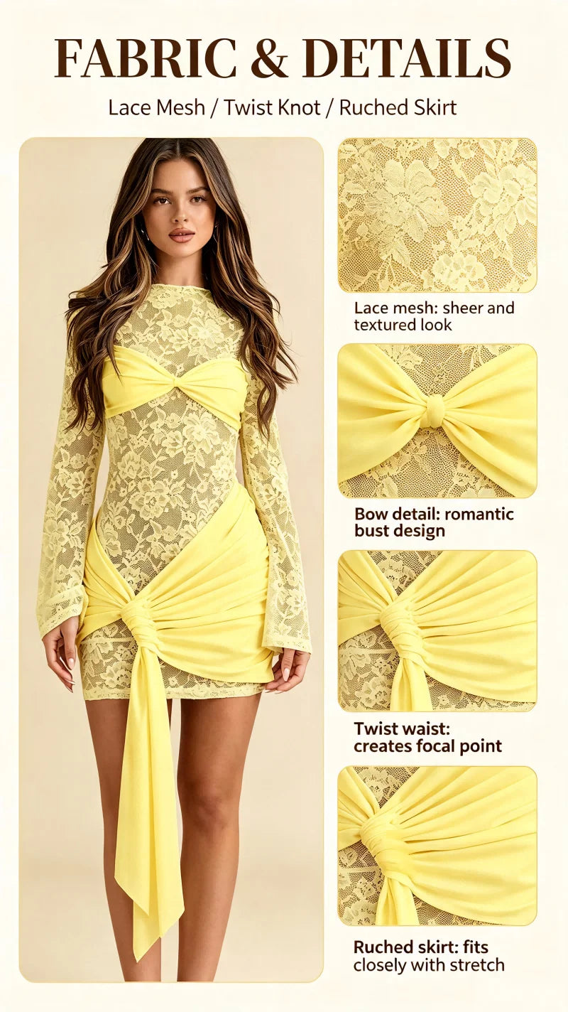 Spring Summer Sexy Hot Pure Color Lace See-through Belted Design Women's Elegant Short Dress
