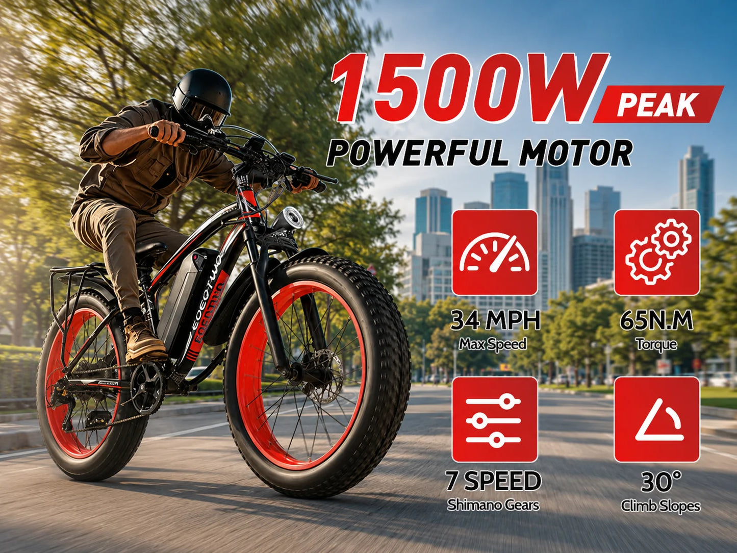 EOEOTWO 26" Fat Tire Electric Bike for Adults, 1000W Motor 1500W Peak, 48V 15Ah Battery, 34 MPH Max Speed, Up to 60 Miles Long Range
