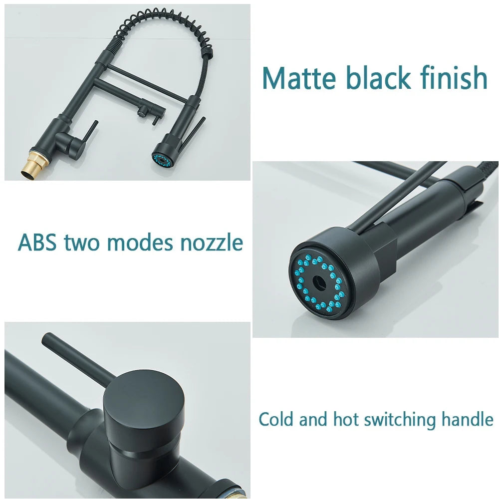 Black Spring Pull Down Stainless Steel Kitchen Sink Faucet Hot Cold Water Mixer Crane Tap with Dual Spout 360° Rotation Faucet