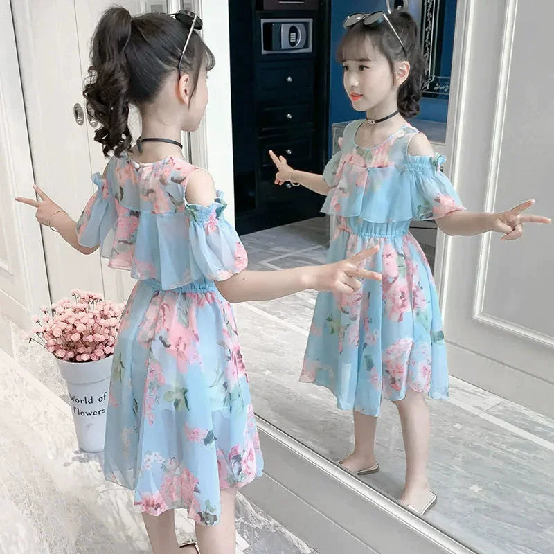 Summer Thin Girl Dress Floral Chiffon Princess Children's Dress Vestidos Summer Girls Casual Dresses Robe Fille Kids Clothes
