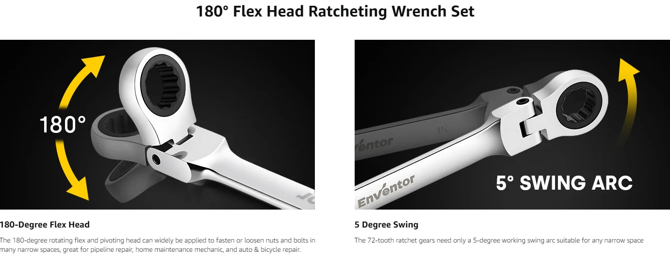 Enventor 14 Pieces Ratcheting Wrench Set 180° Flex Head Metric 6-19mm Combination Ratchet Wrenches Set Rolling Pouch For Garage