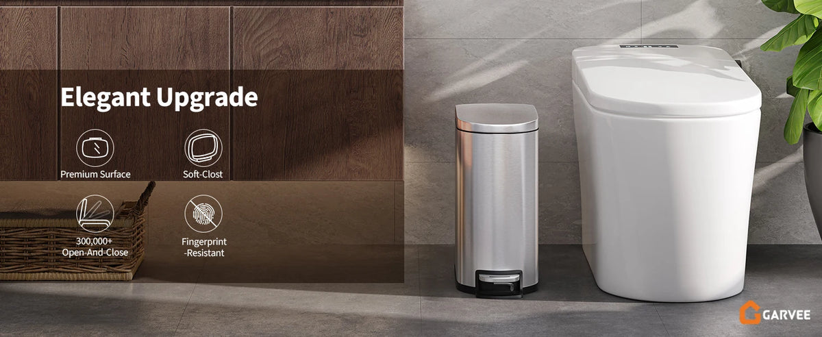 1.6 Gal Step-On Trash Can, Stainless Steel Small Bathroom Garbage Bin with Soft Close Lid, Slim Space-Saving Design, Removable Inner Bucket for Bathroom, Bedroom, Office