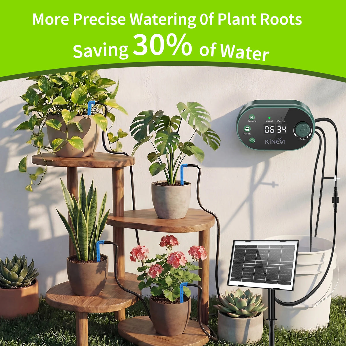 Solar Drip Irrigation System, 3W Automatic Watering System Built in 2200mAh Battery, with 22 Timing Modes 15m Hose&Anti-Siphoning, Suitable for Indoor Outdoor Plants Vegetables Shrubs
