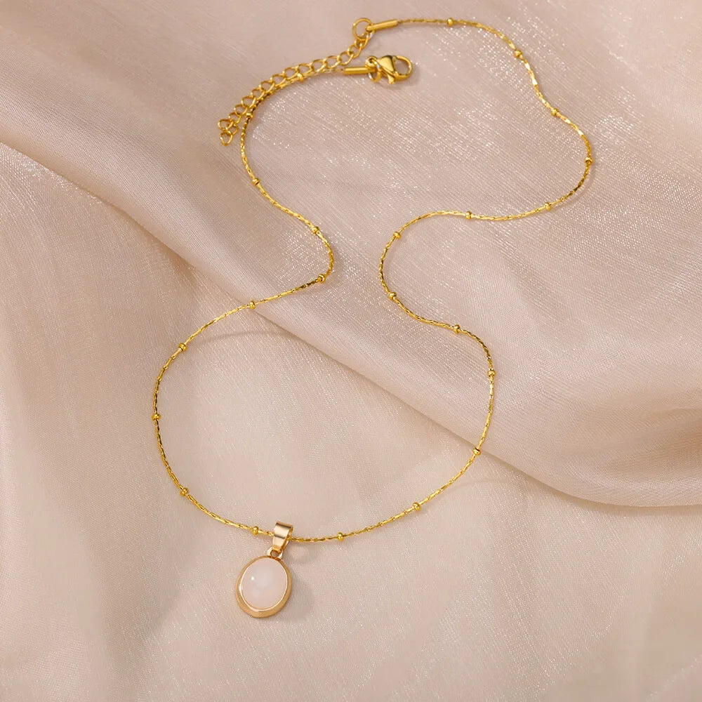 Fashion Stone Opal Oval Necklace For Women Stainless Steel Gold Color Oval Stone Pendant Necklace Wedding Aesthetic Jewelry Gift