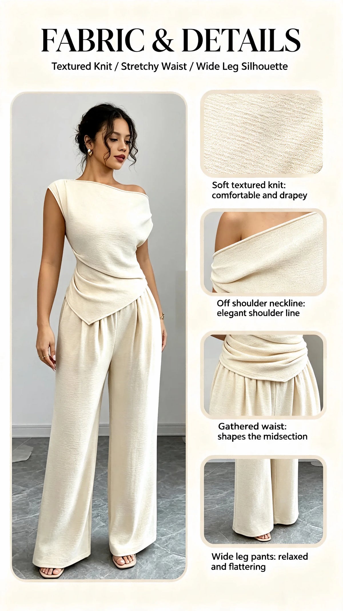 Elegant Pure Color Ladies Asymmetric Top And Wide Leg Pants 2-Piece Set for Commuting Casual Vacations Fashionable New Arrival