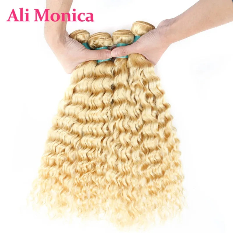 613 Blonde Deep Wave Human Hair Bundles 30 32 inch Long Remy Brazilian Curly Blonde Hair 1 3 4 Bundle Deals Free Shipping  Weave