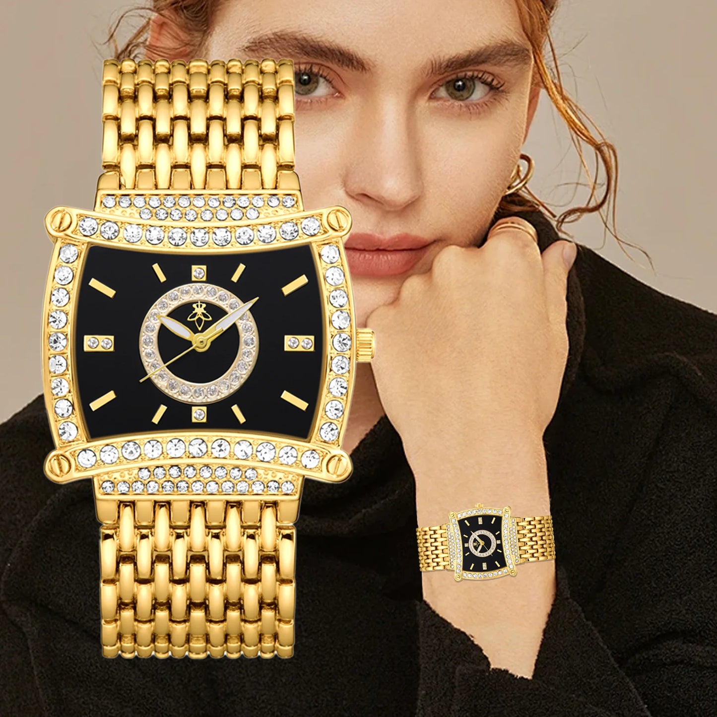 YaLaLuSi Fashion Waterproof Sports Watch Women, Gold Diamond Black Dial Square Wristwatch, Luxury Dress Timepiece, Free Shipping