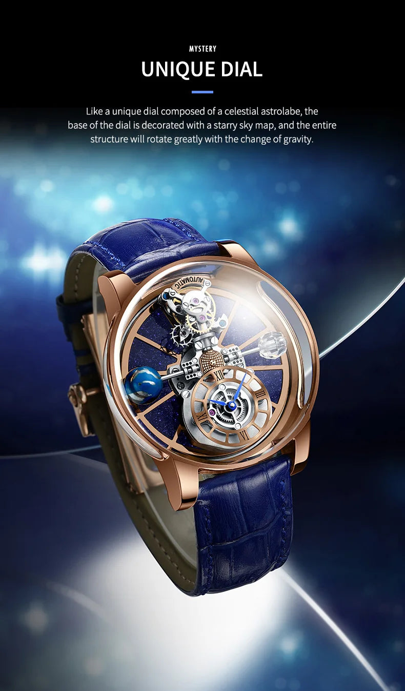 PINDU Design Man Wristwatch Transparent Hollow Design Celestial Roulette Quartz Watches Water Resistant Leather Men's Watch Box