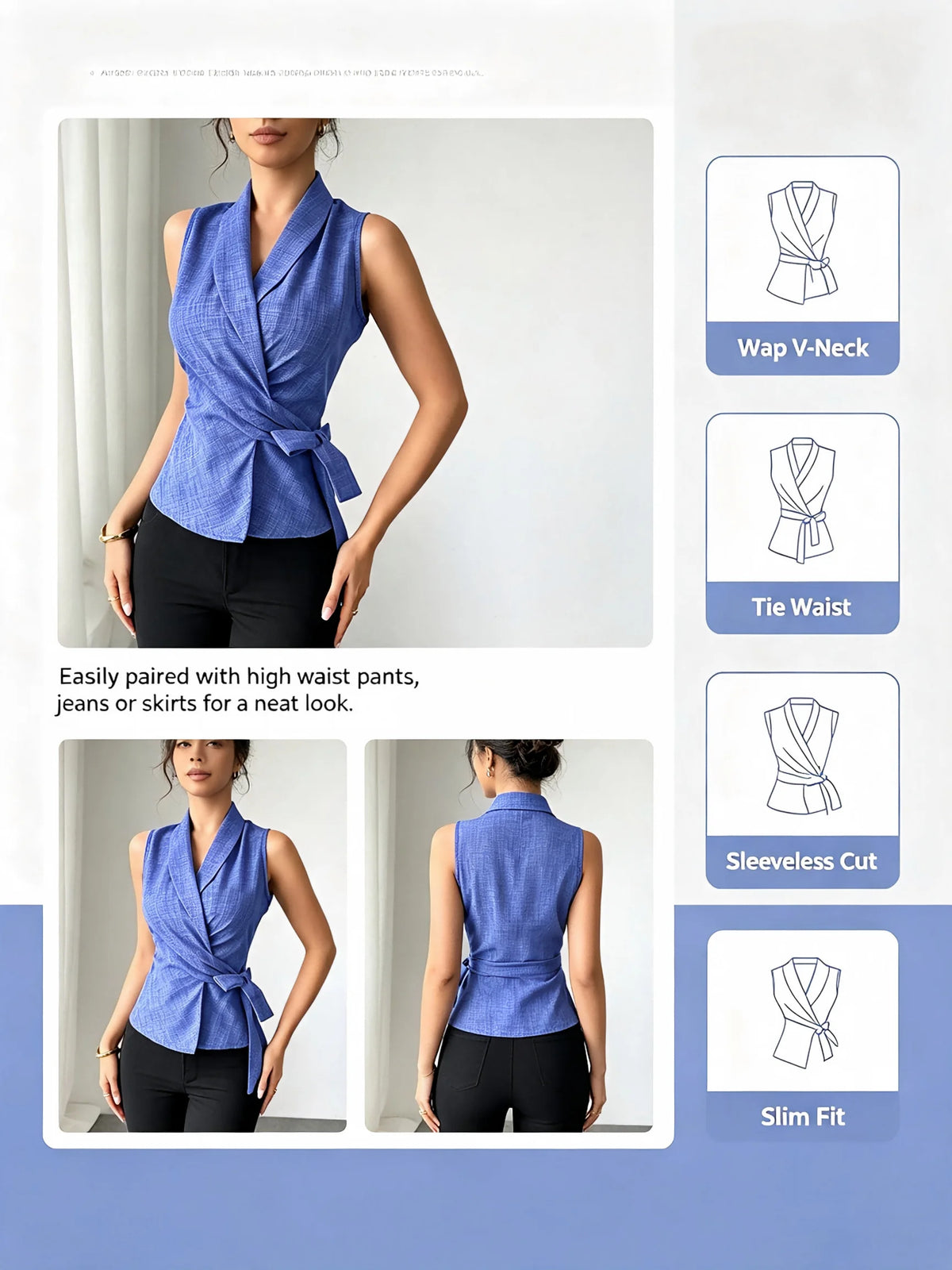 Women Blue Wrap Tie Waist Blouse Sleeveless V-Neck Slim Fit Office Casual Summer Top