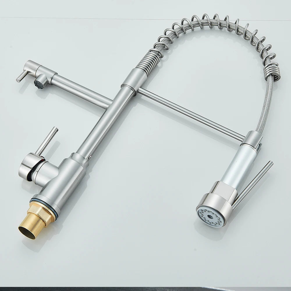 Black Spring Pull Down Stainless Steel Kitchen Sink Faucet Hot Cold Water Mixer Crane Tap with Dual Spout 360° Rotation Faucet
