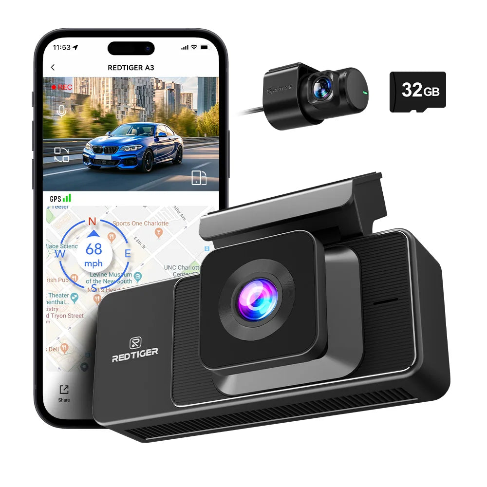 REDTIGER A3  3 Cameras Front/Cabin/Rear Cam Dash Cam Dash Camera Built-in 5.8Ghz WiFi GPS Car DVR Night Vision Parking Monitor