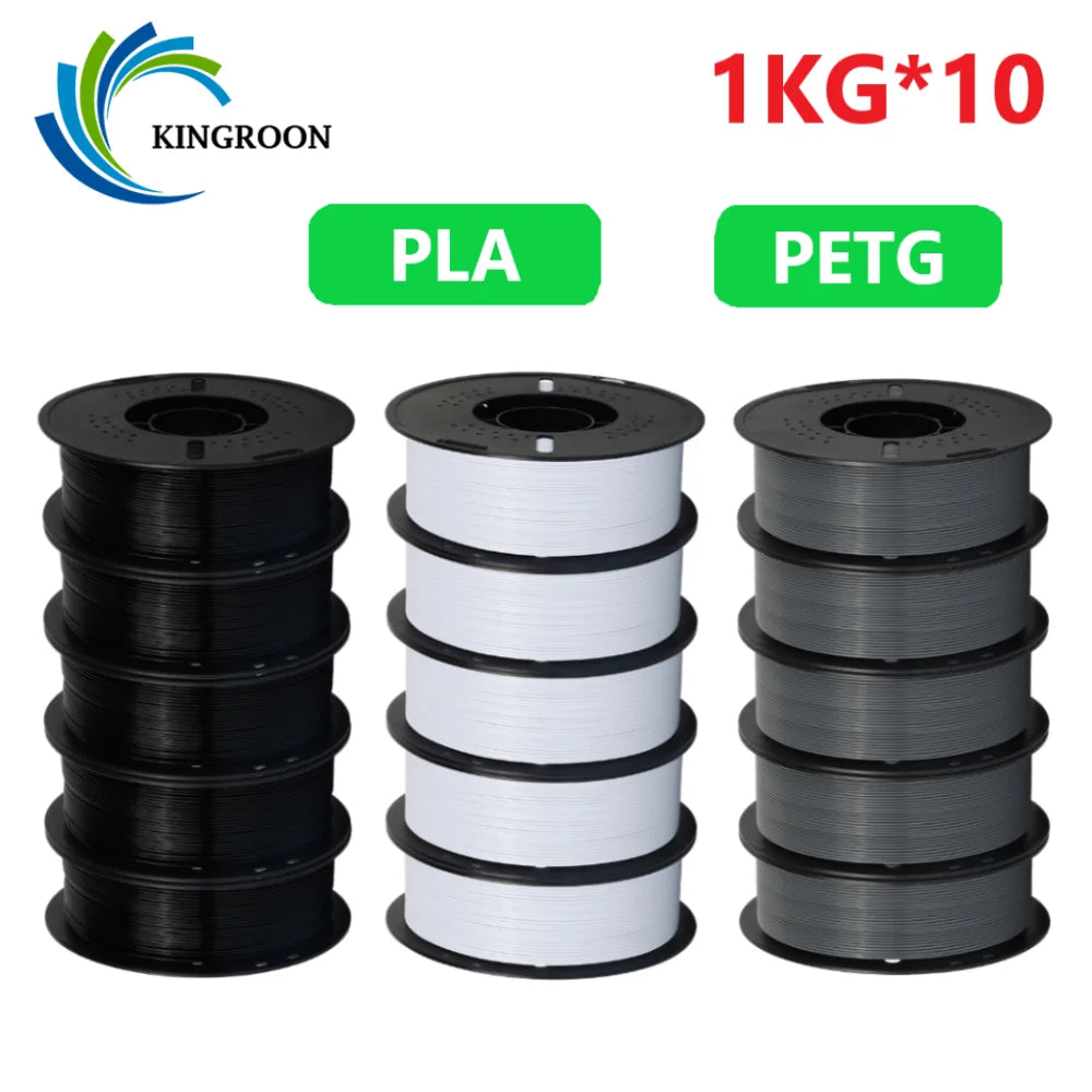 KINGROON 10KG PLA/PETG Filament 1.75mm Black White Gray 3D Printer Filament No Bubbles Plastic 10 Rolls Wholesale