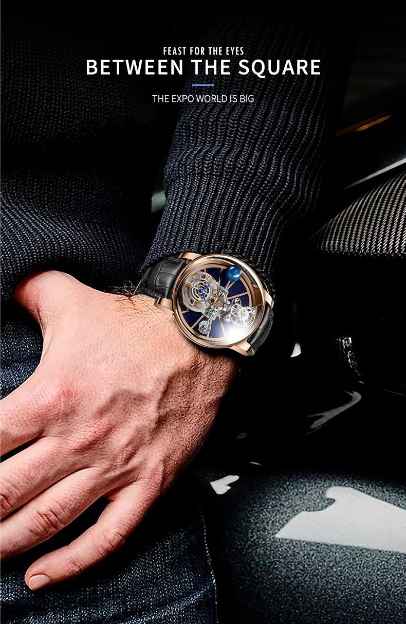 PINDU Design Man Wristwatch Transparent Hollow Design Celestial Roulette Quartz Watches Water Resistant Leather Men's Watch Box