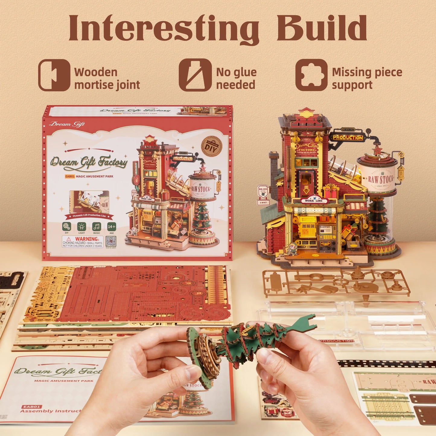 ROKR Dream Gift Factory Wooden 3D Puzzle DIY Mini Dollhouse Model Building Kit with Music & LED Lights 449 Pieces Assembly Toys for Adults Teens