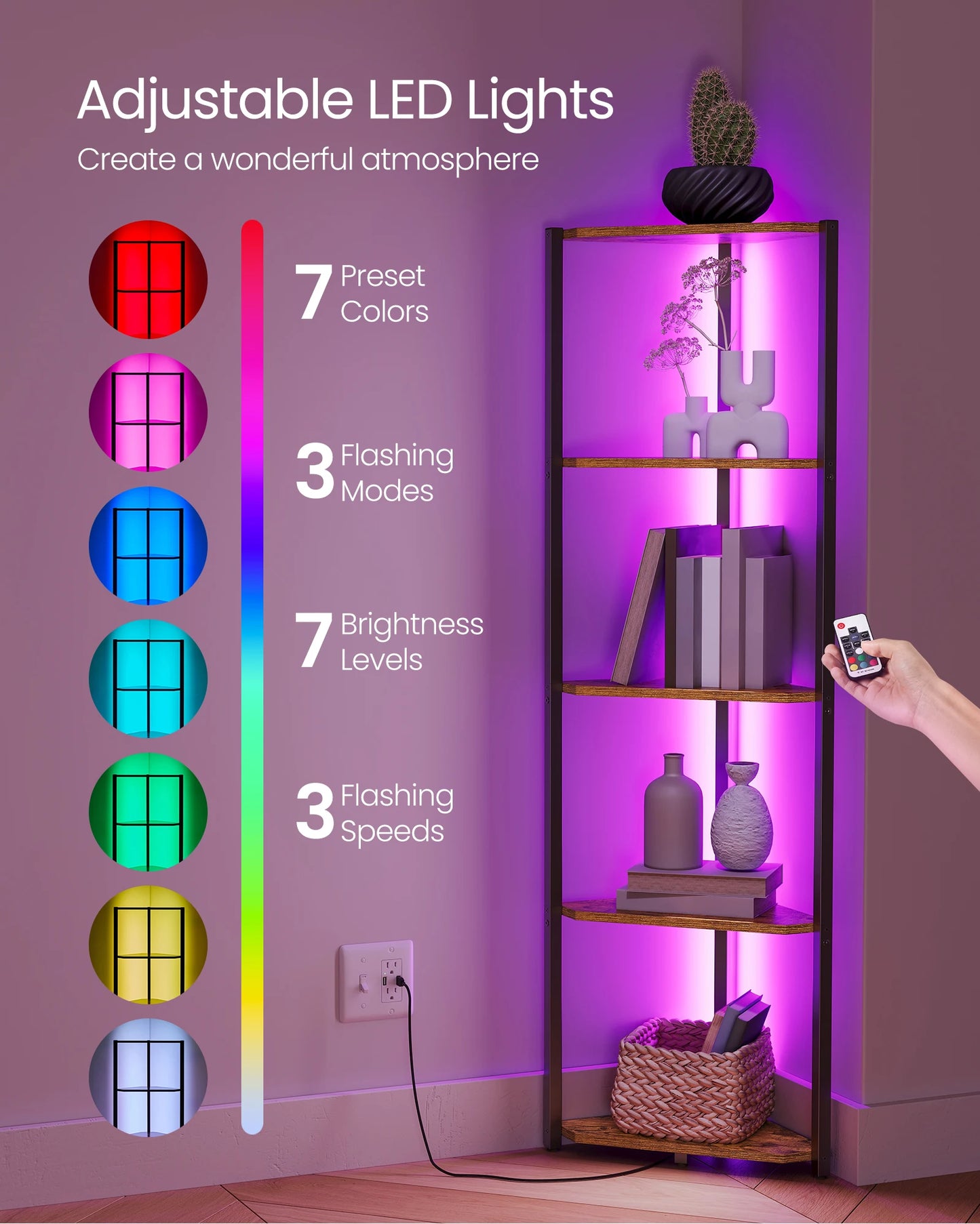 VASAGLE Corner Shelf Stand with LED Lights, 5-Tier Corner Bookshelf, Storage Shelf with Steel Frame, 9.8 x 18.9 x 57.7 Inches, f