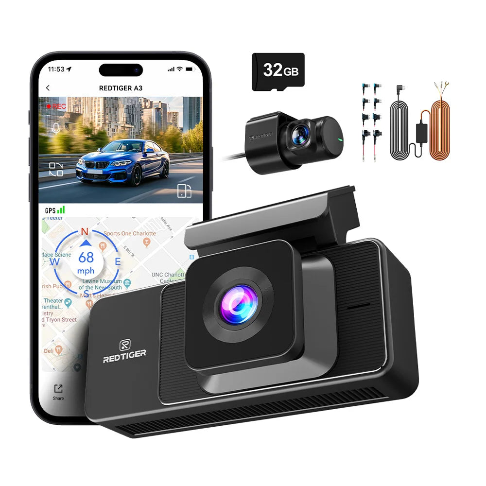 REDTIGER A3  3 Cameras Front/Cabin/Rear Cam Dash Cam Dash Camera Built-in 5.8Ghz WiFi GPS Car DVR Night Vision Parking Monitor