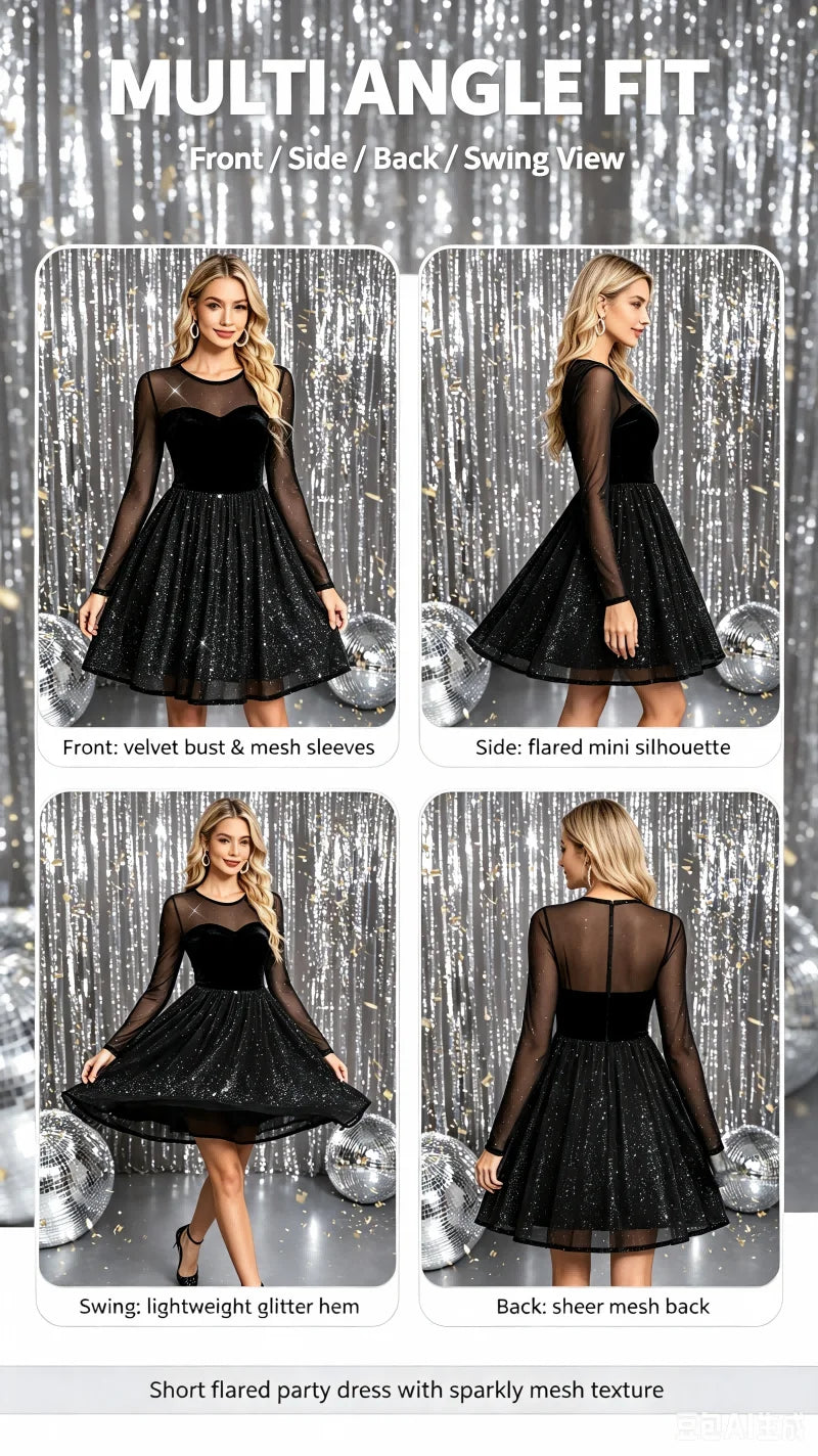 Women Black Velvet Mesh Glitter Mini Dress Long Sleeve Round Neck Heart Cutout A Line Flared Skirt Cocktail Birthday Party Night Club Evening Dress